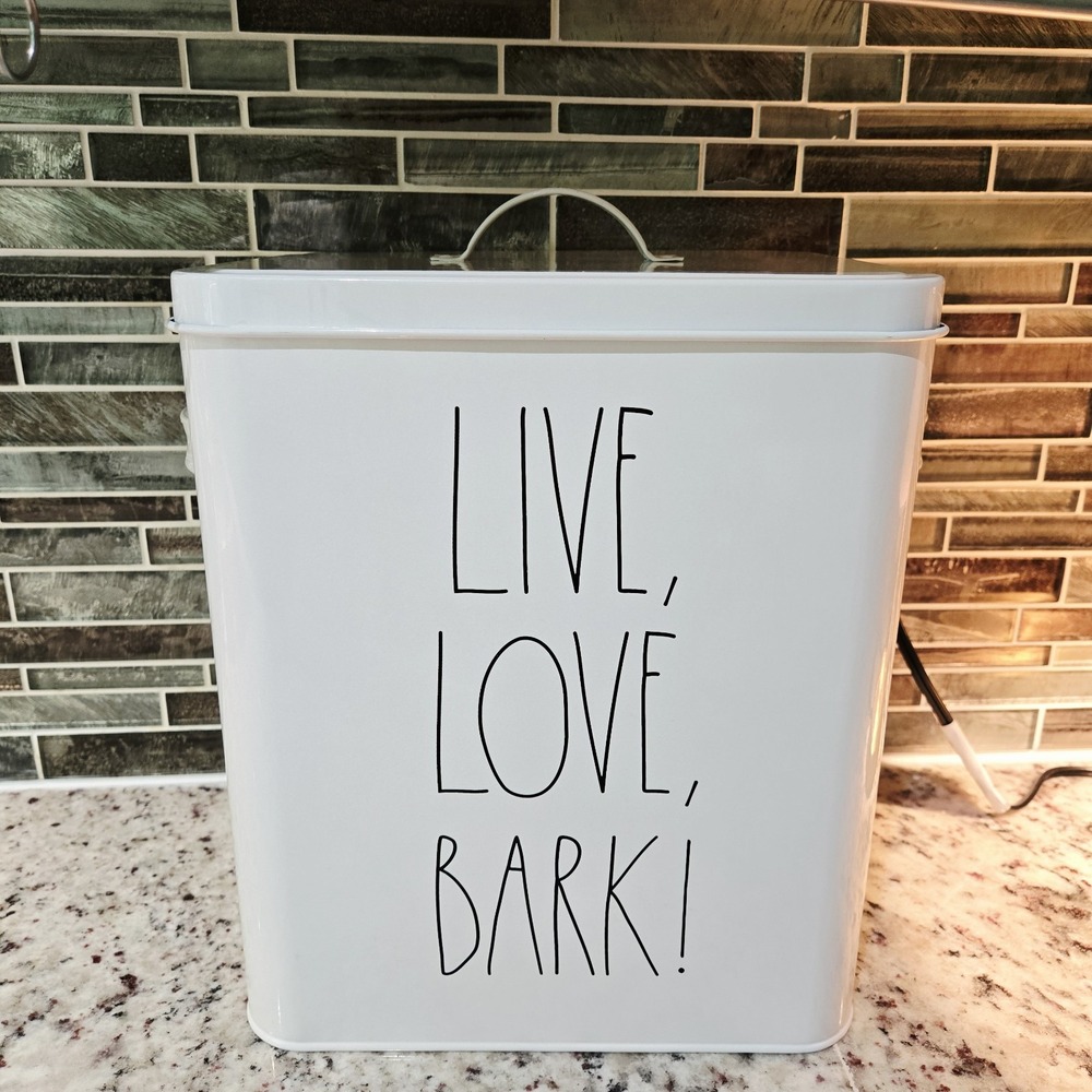 Rae Dunn Dog Food Live Love Bark Metal White Container Storage 12" X 10"